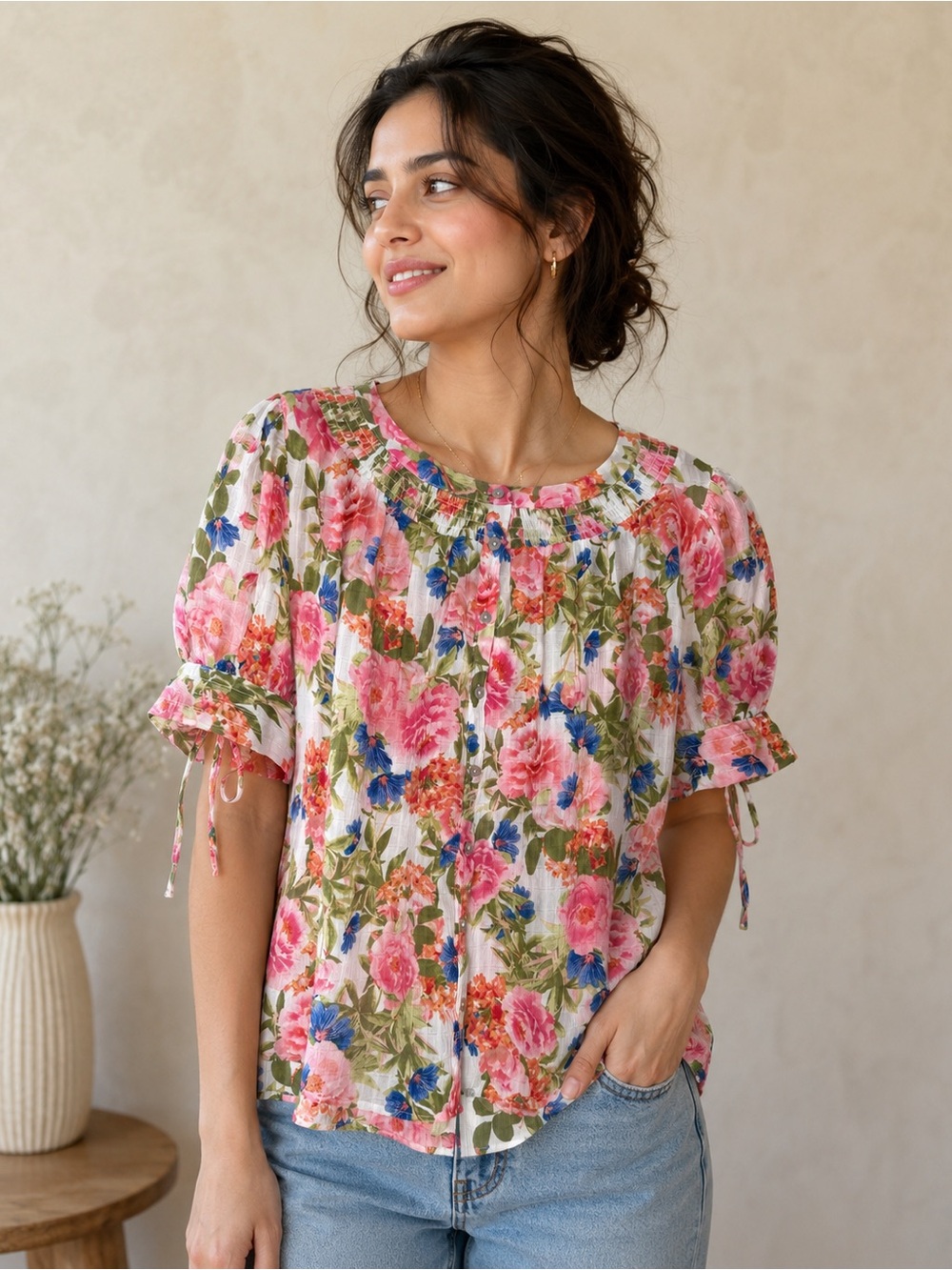 SUMMERTIME FLORAL BUTTONED BLOUSE